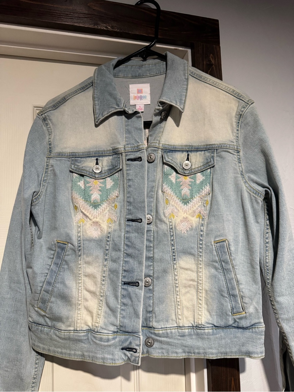 LuLaRoe Light Wash Denim Jacket with Pastel Embroidery